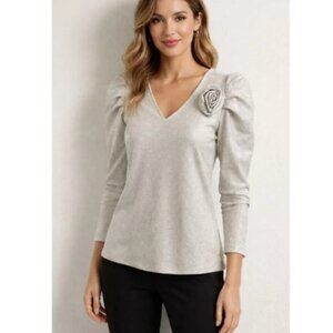 NEW Alex & Parker Women's Silver Shimmer Blouse with Puff Sleeves Size S